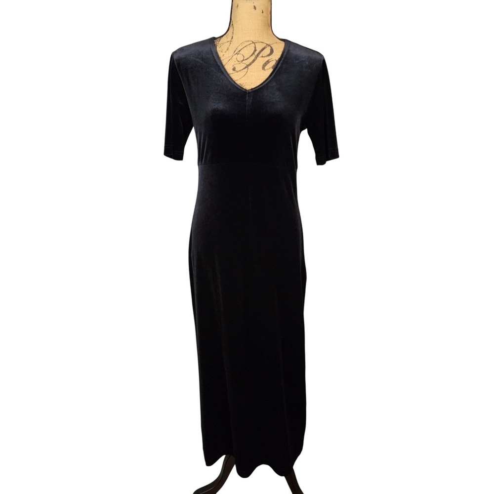 JENNIFER MOORE Size 10 Vintage Black‎ Velvet Short Sleeve Classic Maxi Dress LBD